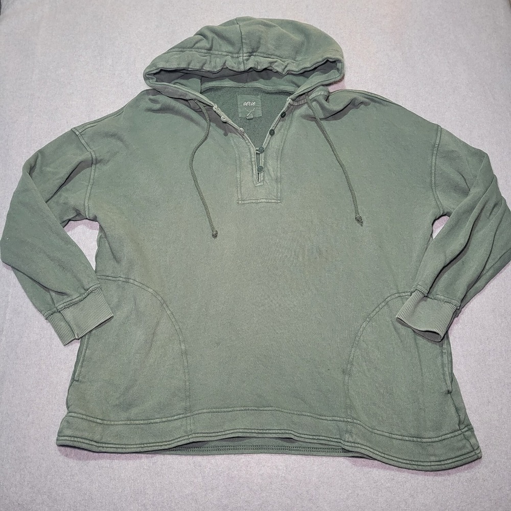 Aerie‎ Henley Hoodie Sage Green Oversized French Terry Pullover Small Comfy